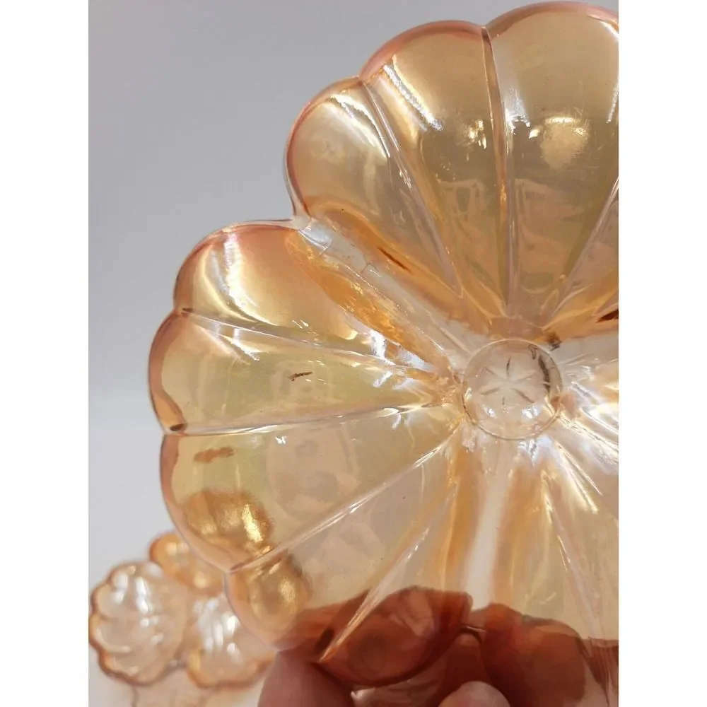 Jeannette Glass Marigold Iridescent Carnival Glass Doric Clover Leaf Candy Dish